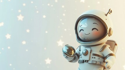 A cheerful astronaut holds a small planet, surrounded by sparkling stars.