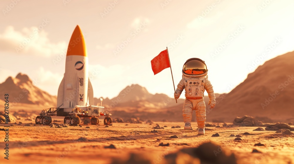 Poster astronaut on mars holding a flag with a rocket in the background.