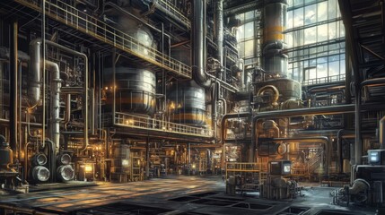 Fototapeta premium The extensive industrial infrastructure of a chemical plant, including piping, reactors, And heavy machinery
