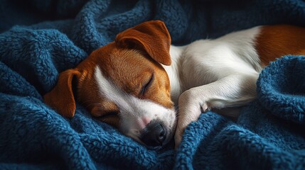 dog in harmony as it snuggles into a cozy midnight blue blanket finding serenity and peacefulness during a quiet night