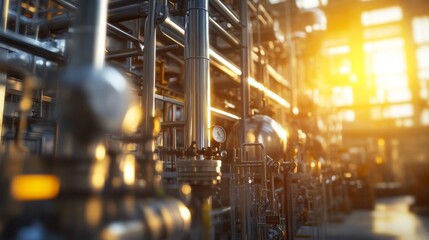 Fototapeta premium The extensive industrial infrastructure of a chemical plant, including piping, reactors, And heavy machinery