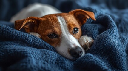 peaceful brown and white dog relaxing on a midnight blue blanket experiencing serenity and comfort during a calm and quiet night
