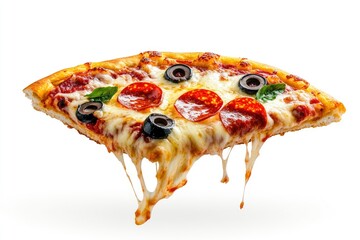 Pizza slice flying, isolated on white background. Delicious peperoni pizza slices pepperonis and olives, with melting cheese, ai