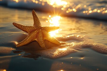 Fototapeta na wymiar A starfish sits on the sandy beach at sunset with the sun shining through the water.