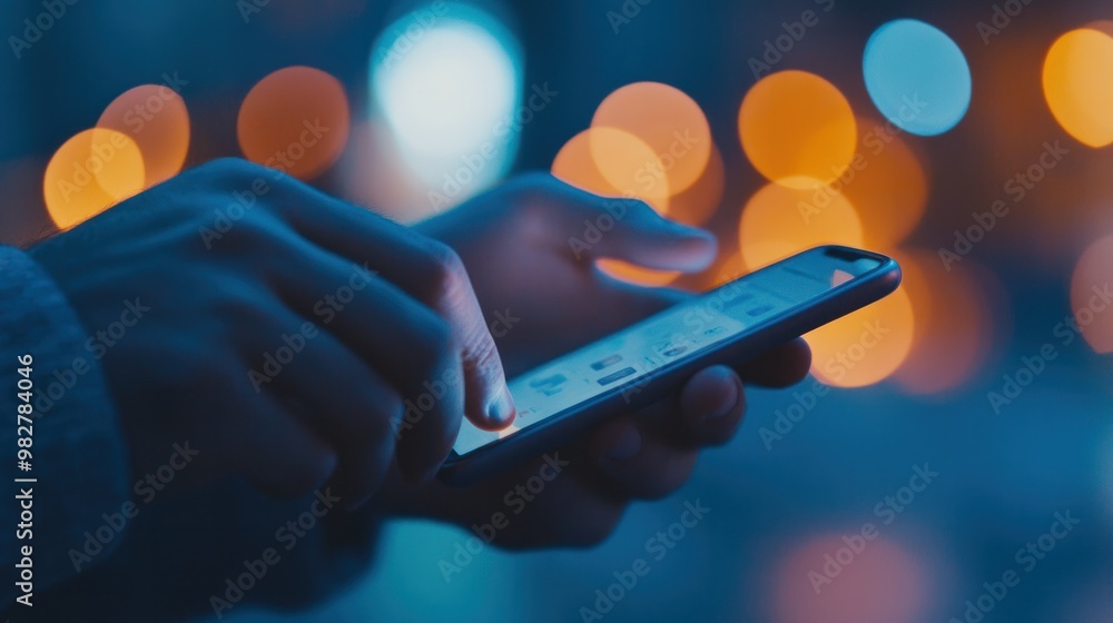 Poster mobile browsing detail with a close-up of thumb scrolling through a social media feed, soft focus on