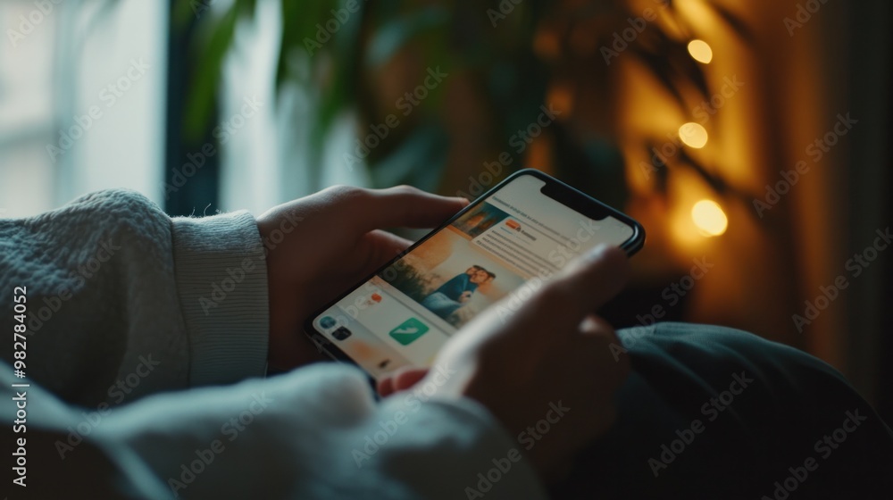 Aufkleber mobile browsing detail with a close-up of thumb scrolling through a social media feed, soft focus on