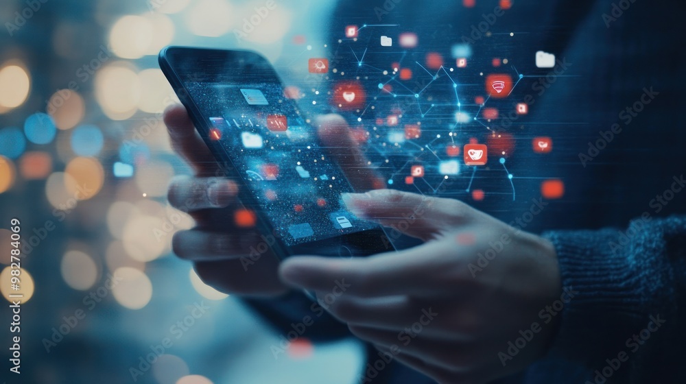 Poster mobile browsing detail with a close-up of thumb scrolling through a social media feed, soft focus on