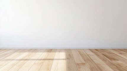 Minimalist interior space, light wooden flooring complements a blank white wall, ideal for showcasing home decor ideas and providing ample copy space for creative expression