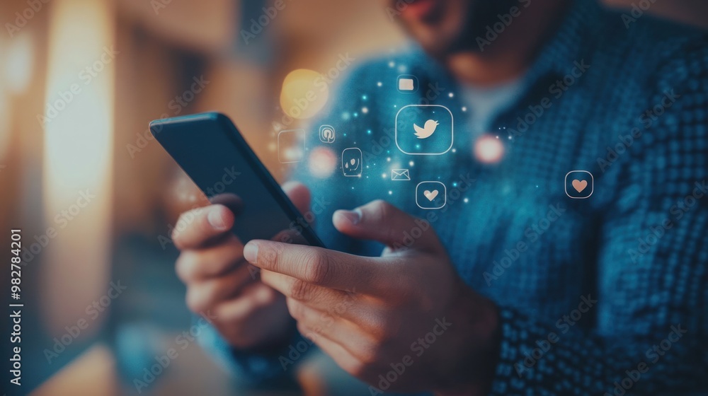 Aufkleber mobile browsing detail with a close-up of thumb scrolling through a social media feed, soft focus on
