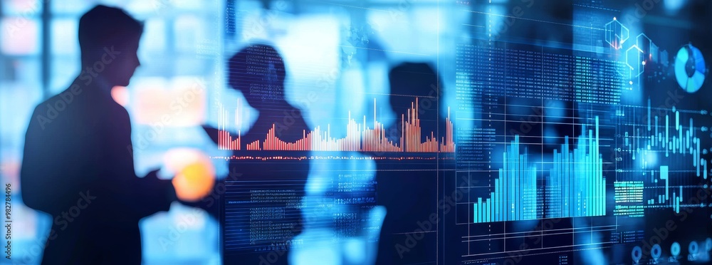 Poster an office setting with futuristic graphical user interfaces and people working.