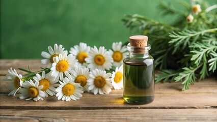 Glass bottle of essential oil with chamomile flowers and green background