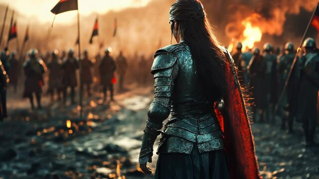 Female warrior facing battlefield at dusk, medieval soldier with sword and armor overlooking army with burning fires, epic historical fantasy scene of woman leader before battle