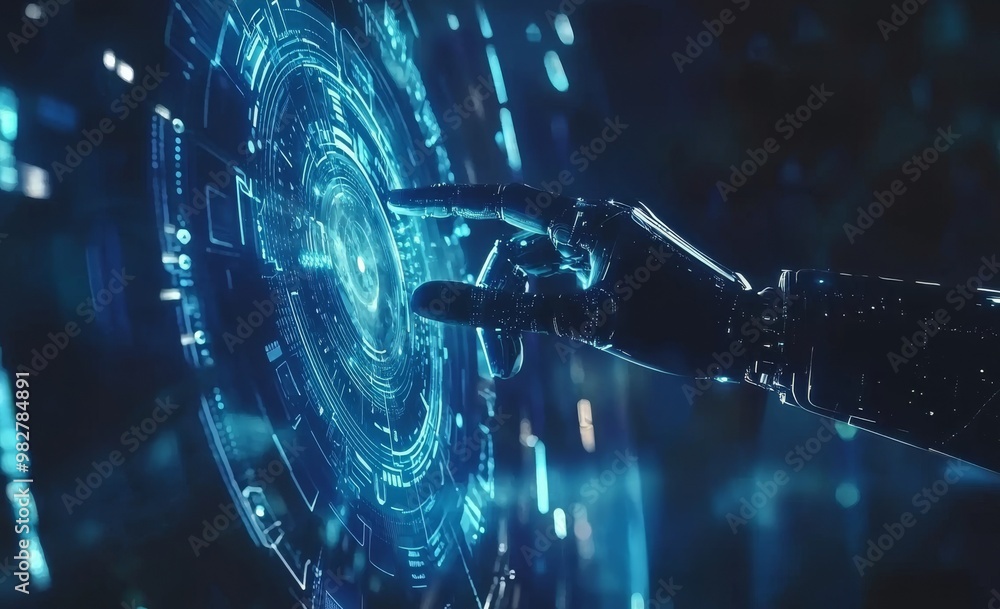 Poster 3d rendering of human hand and robot hand touching digital graph interface