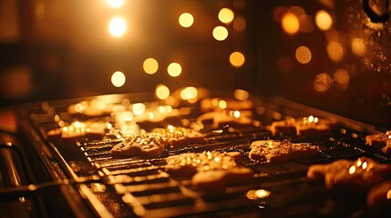 Golden cookies baking in an oven, surrounded by warm bokeh lights, creating a cozy and inviting atmosphere.