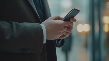 Modern device usage in a professional environment, close-up of a man's hand holding a smartphone, business suit visible, blurred office setting