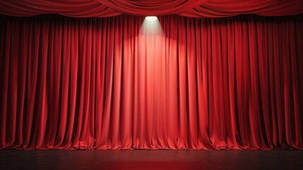 Fototapeta premium Theater Stage Elegance, vibrant red curtains drape elegantly, a focused spotlight casts dramatic shadows, creating a captivating ambiance in a classic theatrical setting