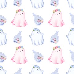 Seamless pattern with watercolor halloween ghost.Hand drawn watercolor. For fabric, packaging paper, scrapbooking.