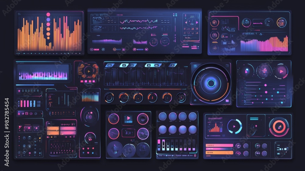 Poster graphic design of the interface of a game with glossy buttons and panels, as well as icon buttons, s