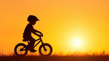 Obraz premium Silhouette Balance Bike Adventure, a young boy honing his balance skills on a sleek bike, using a plowed leg technique, showcasing determination and playful exploration.
