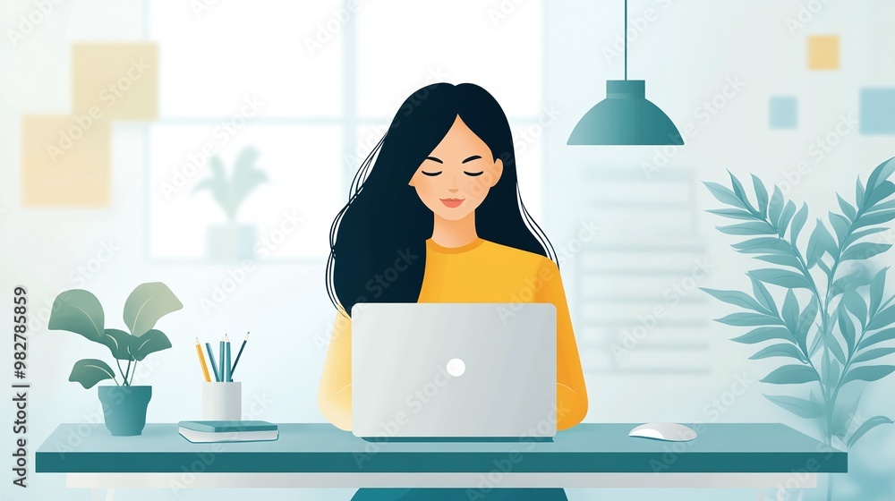 Poster professional woman sitting at a desk with a laptop focusing on work and productivity using digital t