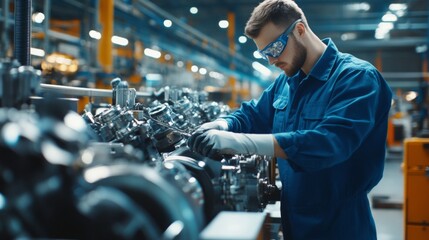 Young Engineer Working on Engine Assembly Line. Young engineer in a blue uniform working diligently on the engine assembly line, emphasizing skill and precision in manufacturing