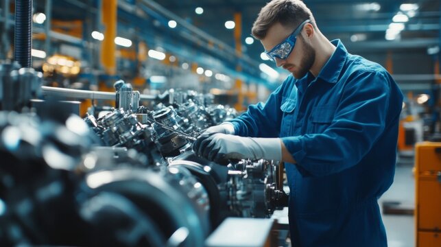 Young Engineer Working on Engine Assembly Line. Young engineer in a blue uniform working diligently on the engine assembly line, emphasizing skill and precision in manufacturing