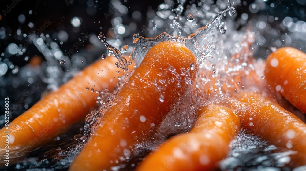 Poster Fresh carrots splashing in water, showcasing vibrant color and freshness.