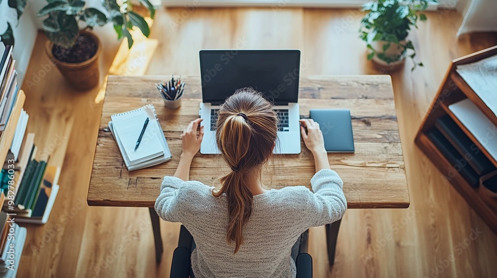 Poster woman at desk with a laptop focusing on work and productivity using digital tools and technology to 
