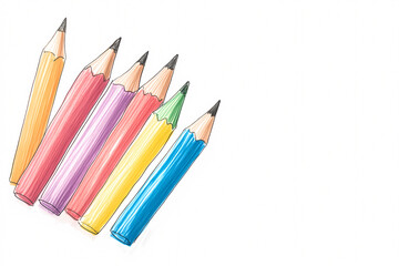 Obraz premium A drawing of six colored pencils with a white background. The pencils are arranged in a row, with the blue one in the middle. Concept of creativity and the potential for artistic expression