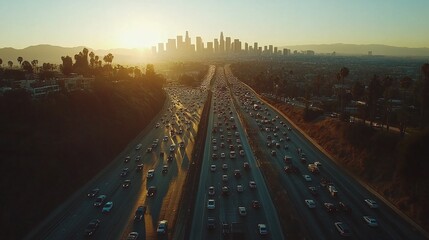 Fototapeta premium aerial view of a city with busy freeway traffic capturing the skyline roads and transportation network showcasing vehicle movement and urban congestion