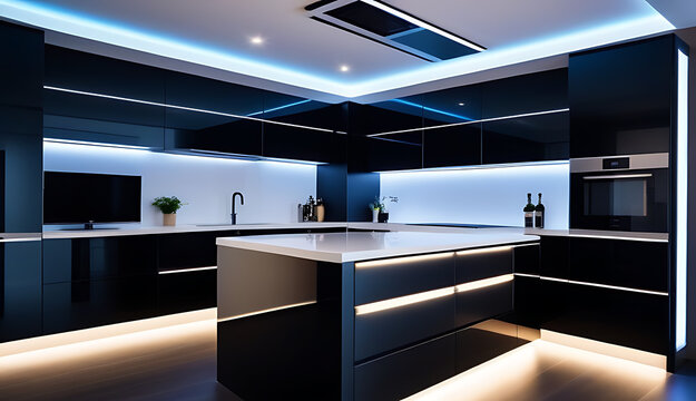 modern kitchen integrated tv led strip lighting