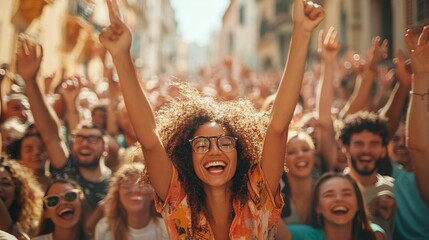 happy crowd gathering and cheering in an urban setting during the daytime creating an exciting atmosphere filled with energy joy and community spirit