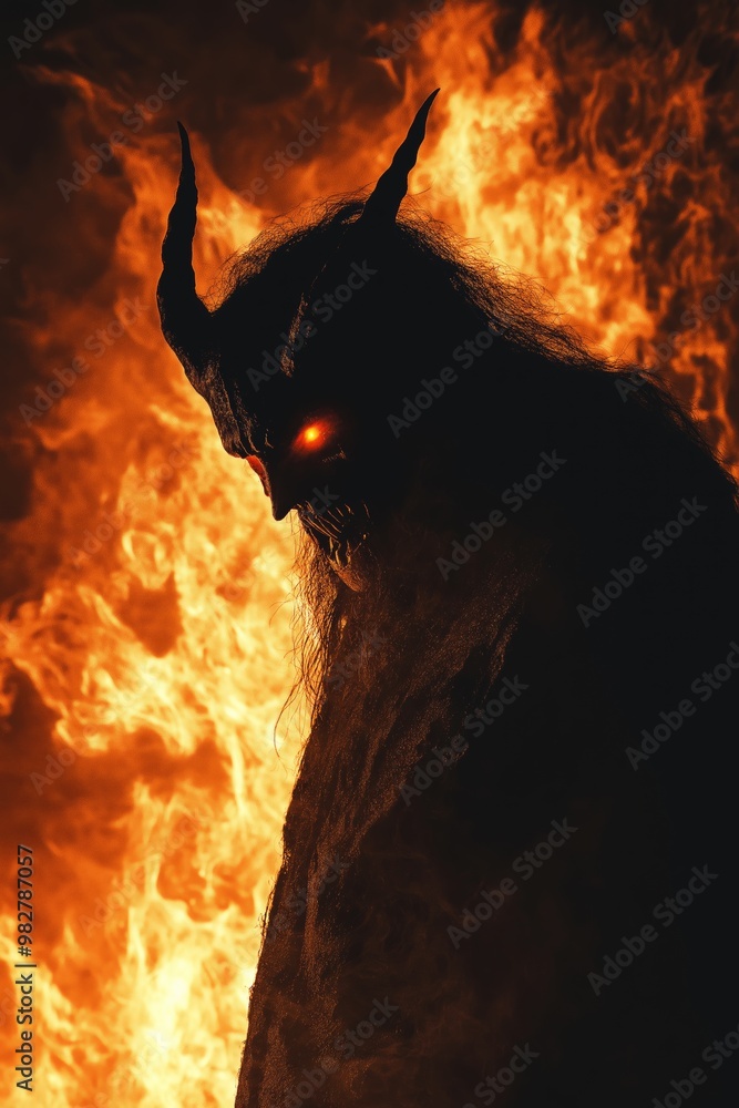 Poster a demonic figure with red eyes stands in front of a fire. the image has a dark and ominous mood, wit