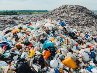 A large pile of diverse waste materials at a landfill site, showcasing the environmental impact of waste disposal and management.