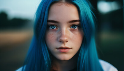 portrait teenage girl blue hair light eyes freckles