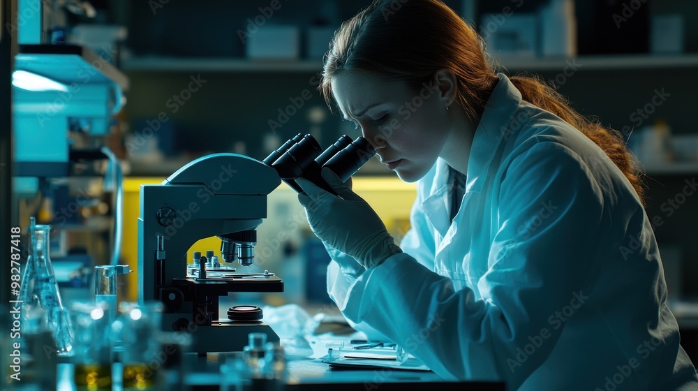 Poster a scientist examines samples under a microscope in a laboratory setting.
