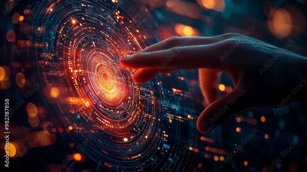 Poster the image shows a close-up view of a human hand touching a futuristic digital interface with circula