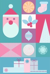 Merry Christmas and Happy New Year greeting poster(banner, card) made of cartoon Christmas and New Year elements in pastel colors with typography.Minimal digital image for cover,layout,poster,flyer