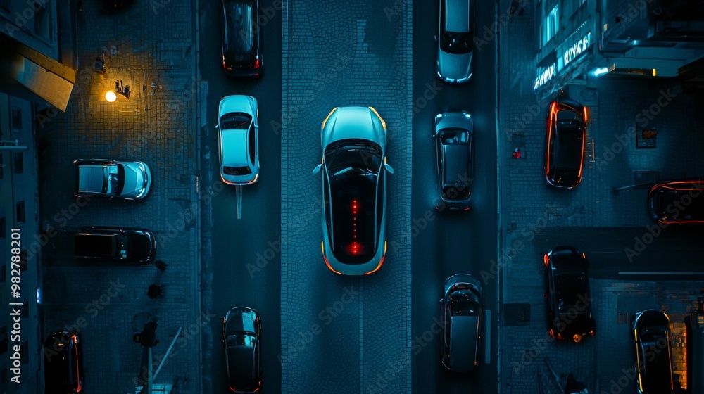 Poster an autonomous parking assist system is visualized from the top, demonstrating secure road scanning a