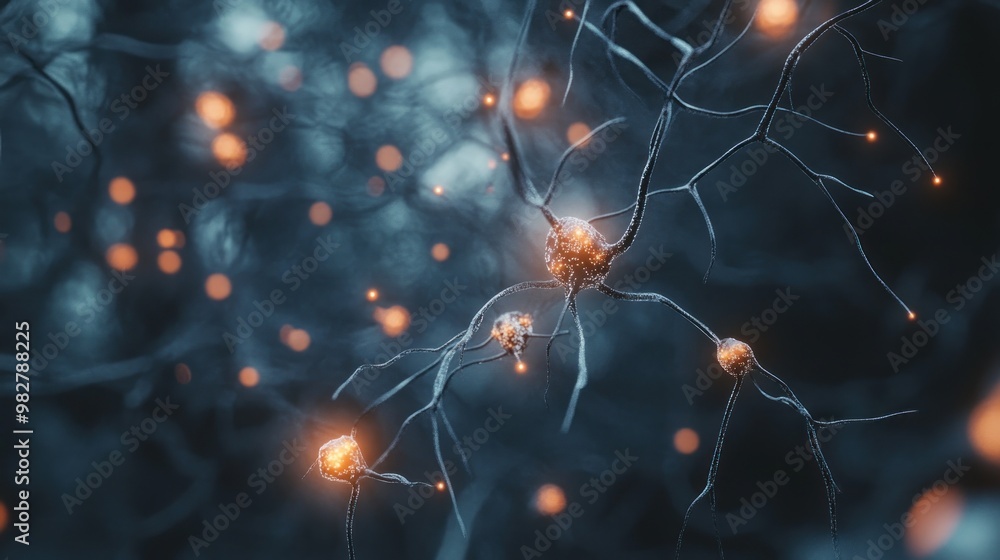 Poster close-up of neurons with glowing connections, illustrating neural activity and communication.