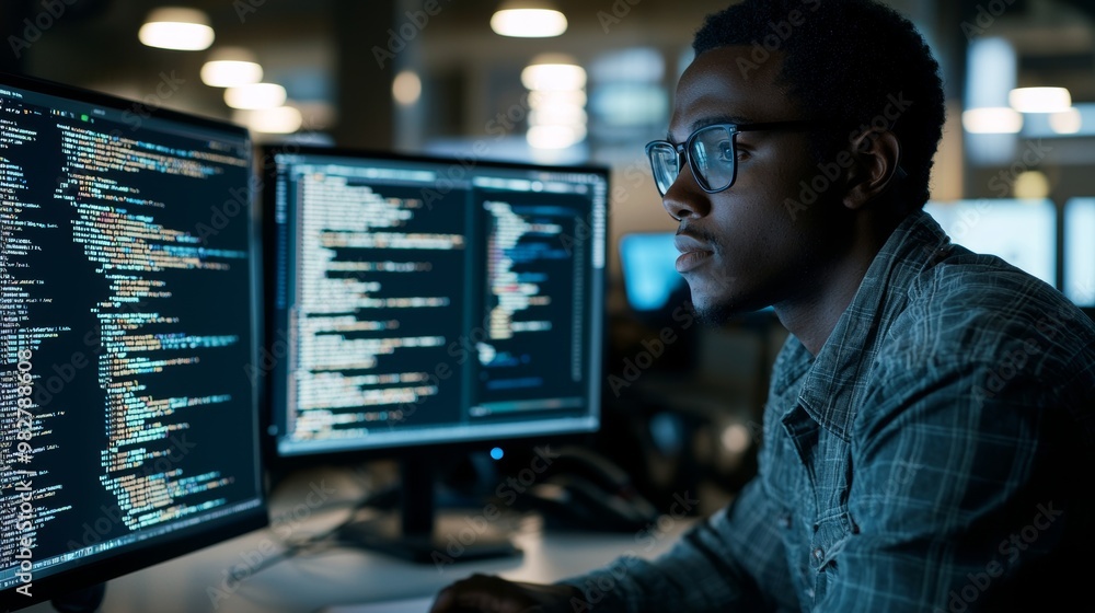 Poster male african software developer coding on multiple screens in modern office environment