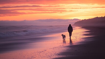 Obraz premium A person walking a dog along a beach at sunset, creating a serene and peaceful atmosphere.