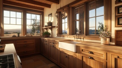 A warm, inviting kitchen with wooden cabinetry and natural light streaming through the windows.