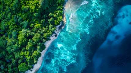 top view of beautiful tropical island with dense trees, with white sand beach and clear blue waters. concept of holiday with family. 4K Island Wallpaper