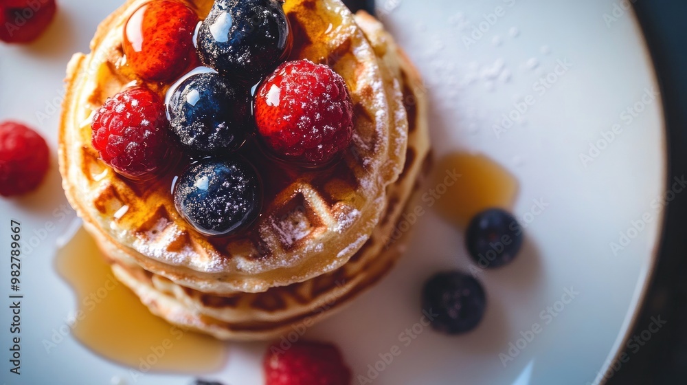 Poster A delicious stack of waffles topped with berries and syrup, perfect for breakfast.