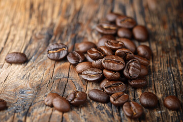 Coffee beans on an old wooden background with copy space for your text, coffee beans on a �wood table in a close up, Coffee time and relax background, Generative AI