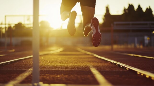 A runner leaps over a hurdle on a track during sunset, capturing athleticism and determination.