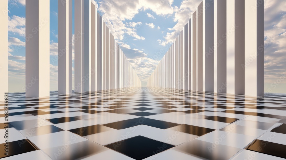 Poster futuristic corridor with checkerboard floor and columns