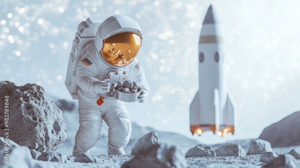 Poster an astronaut collects samples on the moon while a rocket prepares for launch in the background.
