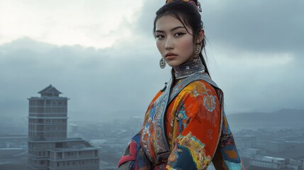 Obraz premium Modern Mongolian girl in a fusion outfit that blends contemporary fashion with traditional elements, set against an urban backdrop
